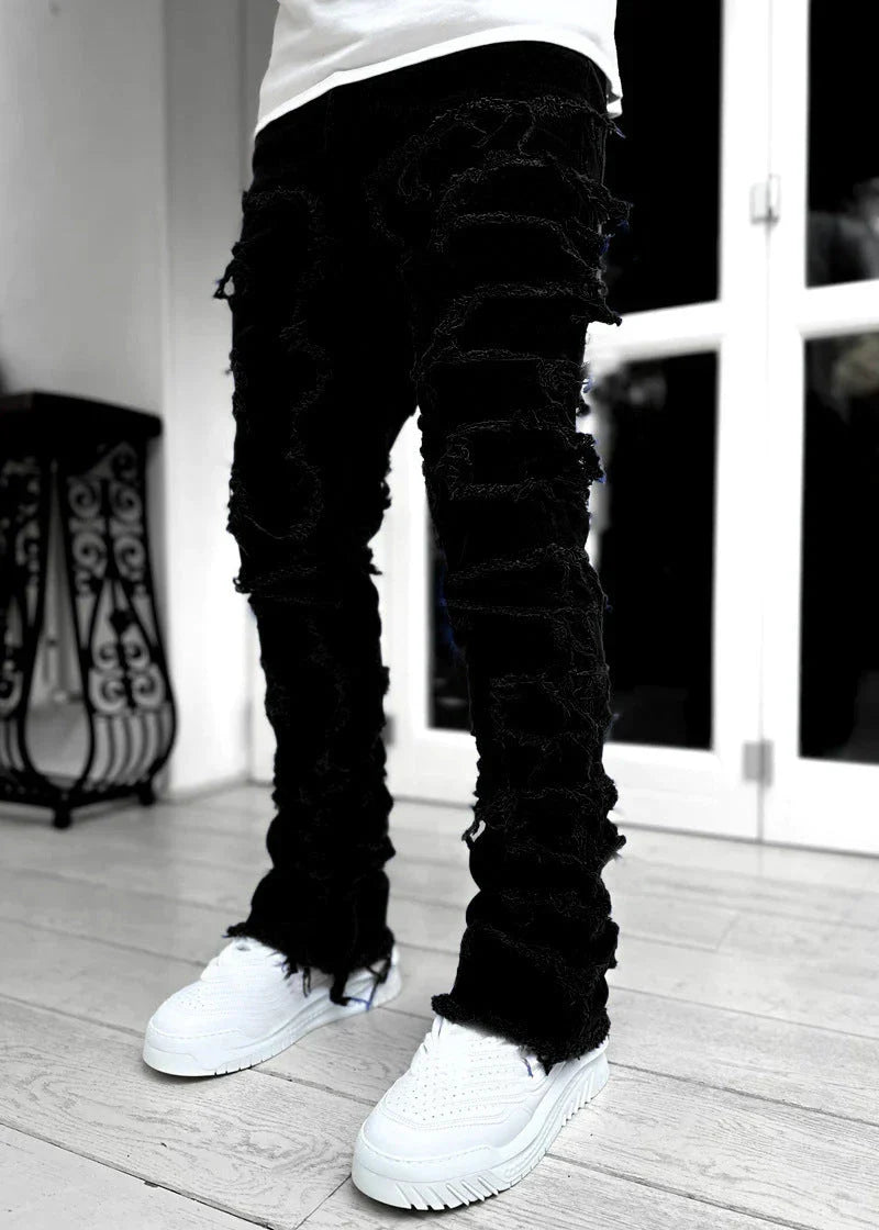 Stylish patched jeans with tight fit and stacked leg design in a variety of fashionable colors