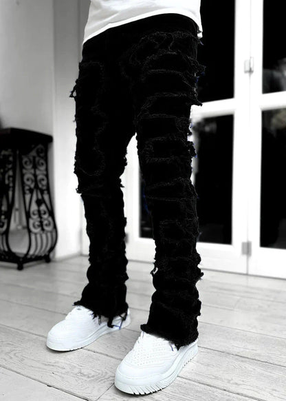 Stylish patched jeans with tight fit and stacked leg design in a variety of fashionable colors