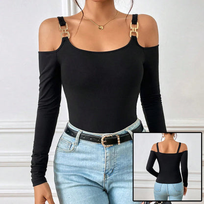 Stylish off-shoulder top with metal hook closure, long sleeves, and premium knitted fabric for modern British fashion