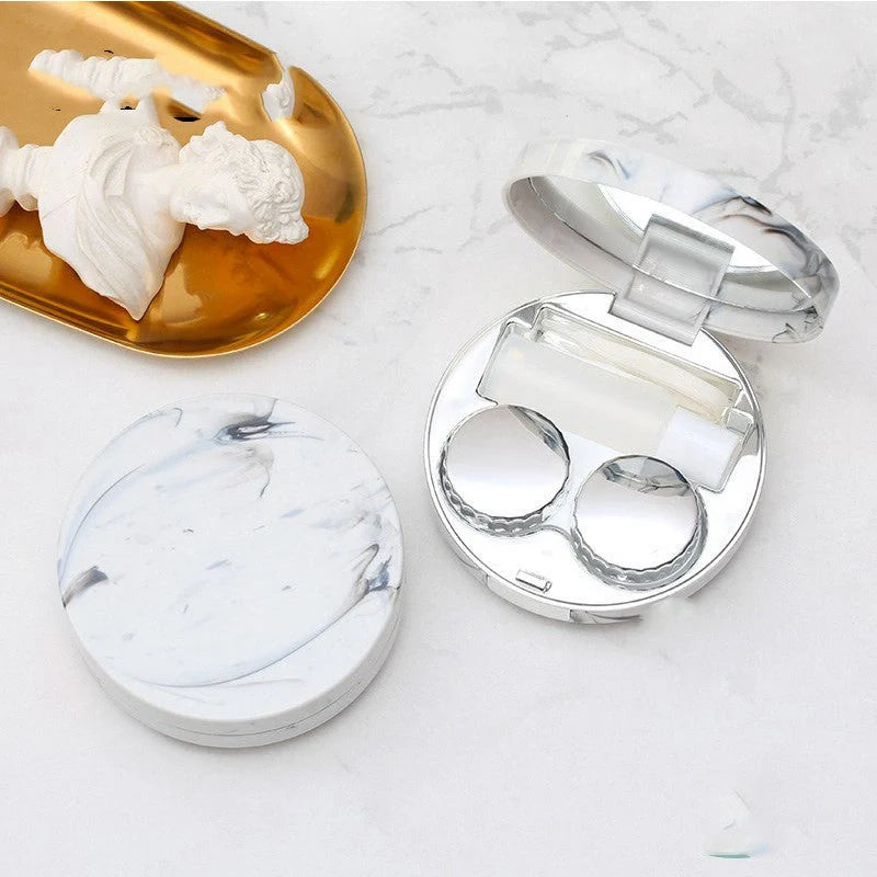 Square marble design contact lens case with mirror and accessories