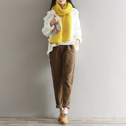 Women's large size thin corduroy trousers with adjustable waist in apricot, coffee, and grey