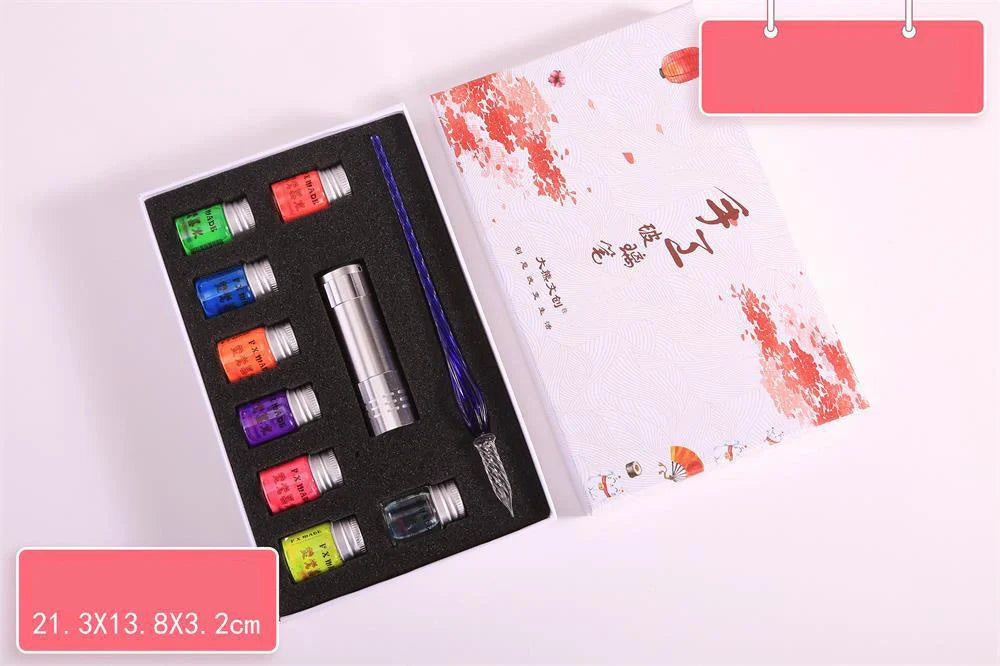 Fluorescent fountain pen dip ink set with eight glow-in-the-dark colours
