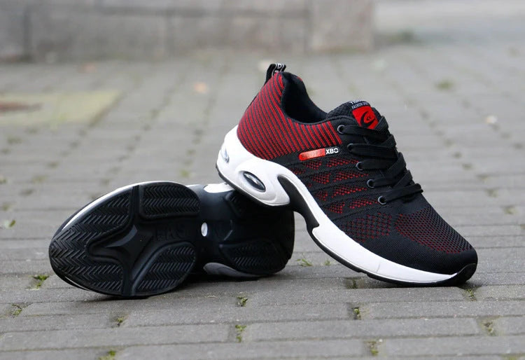 Men's breathable lace-up sports shoes in blue, black, grey, and black red
