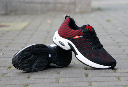 Men's breathable lace-up sports shoes in blue, black, grey, and black red