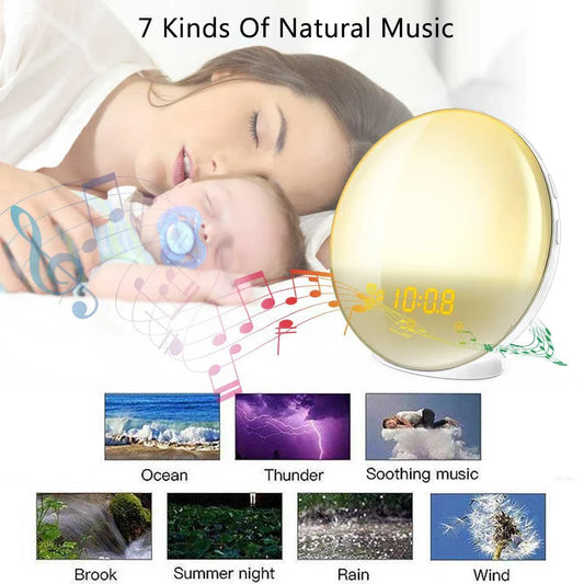 Natural wake-up light alarm clock with soothing nature sounds and customisable ambient lighting