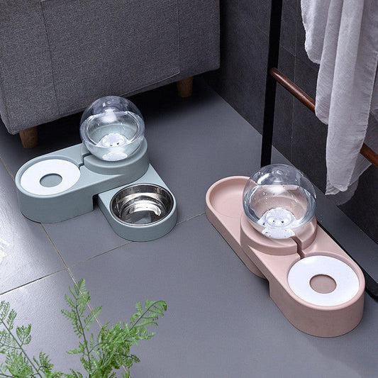 Automatic non-electric pet water dispenser with bowl, 1.8L capacity, available in grey, blue, and pink