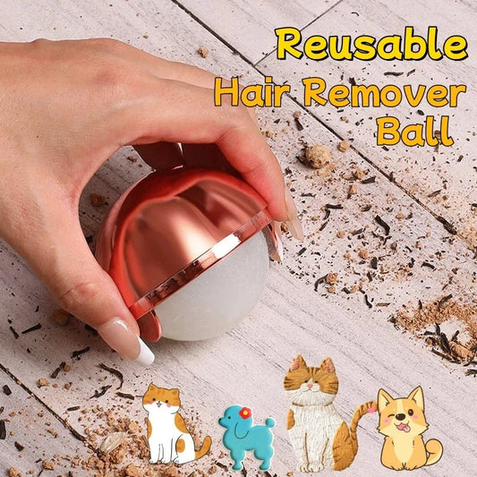 Reusable hair remover ball in liquid silver and rose gold colors, designed to remove pet hair, lint, and dust from clothes, furniture, and more