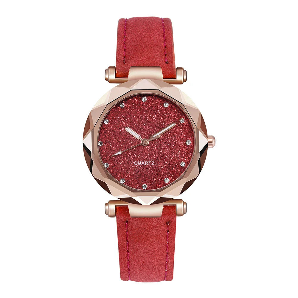 Starry Sky Women's Watch with Rhinestone Accents - Leather Strap in Various Colors