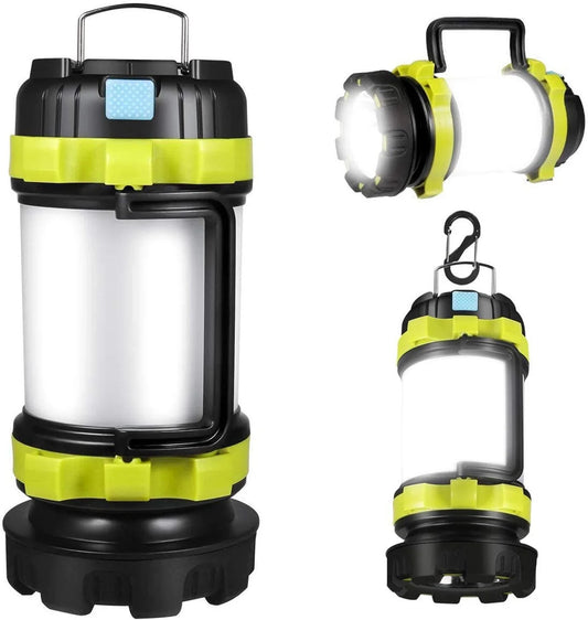 Versatile outdoor camping torch with rechargeable battery, dual lighting modes, and integrated power bank