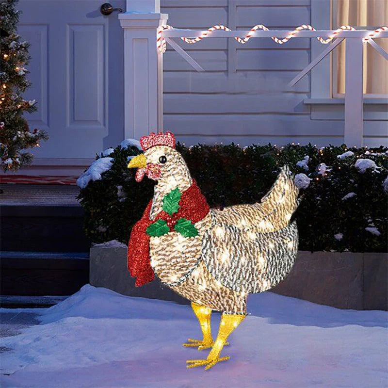 Decorated Christmas lantern with chicken design and scarf for garden decoration