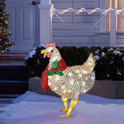 Decorated Christmas lantern with chicken design and scarf for garden decoration