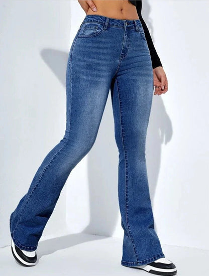 Women's high waist flared jeans in stretch cotton, available in navy and light blue