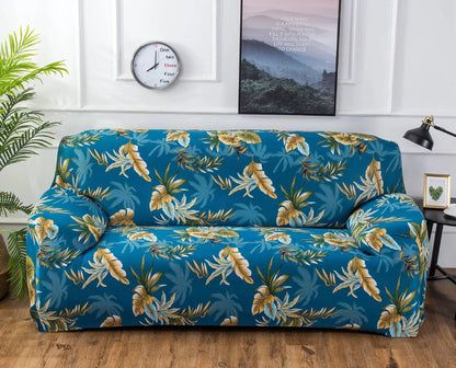 Stretchable geometric print sofa cover on a three-seater sofa