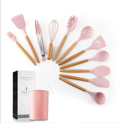Silicone kitchenware set with wooden handles in various colors and styles, perfect for cooking, baking, and serving
