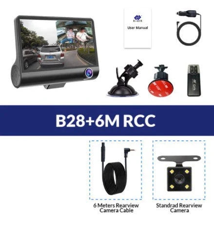 High-definition driving recorder with dual cameras, HDR and WDR support, and wide-angle lenses for comprehensive coverage