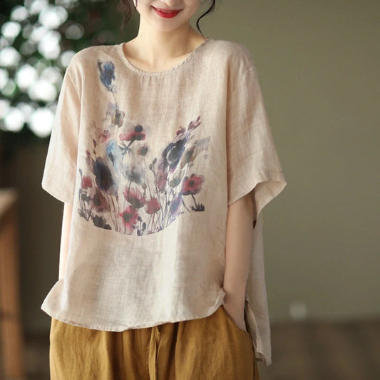 Vintage ink print casual T-shirt for summer in white, champagne, and dark gray