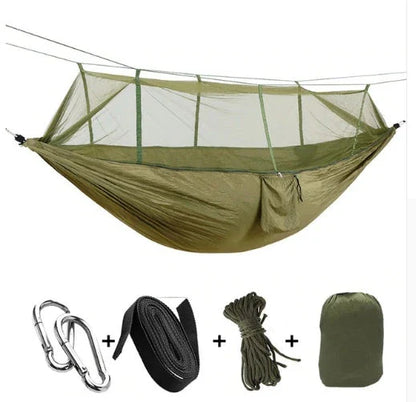Versatile parachute hammock with mosquito net for outdoor camping and relaxation