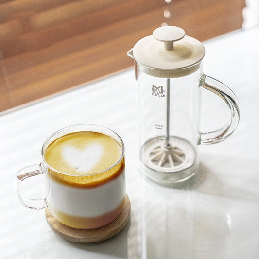 Hand-made milk foam machine with heat-resistant glass and stainless steel construction