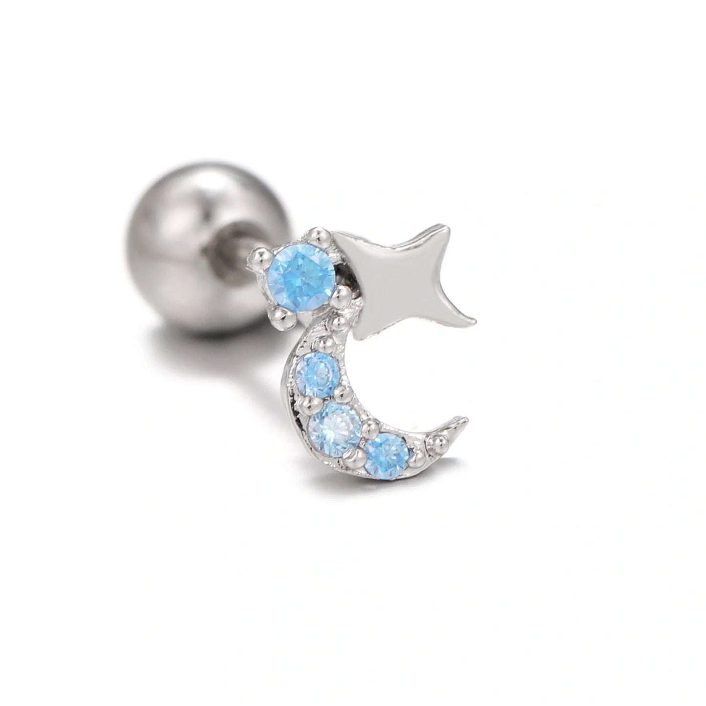 Star and Moon Cubic Zirconia Stainless Steel Cartilage Earring in gold and white K