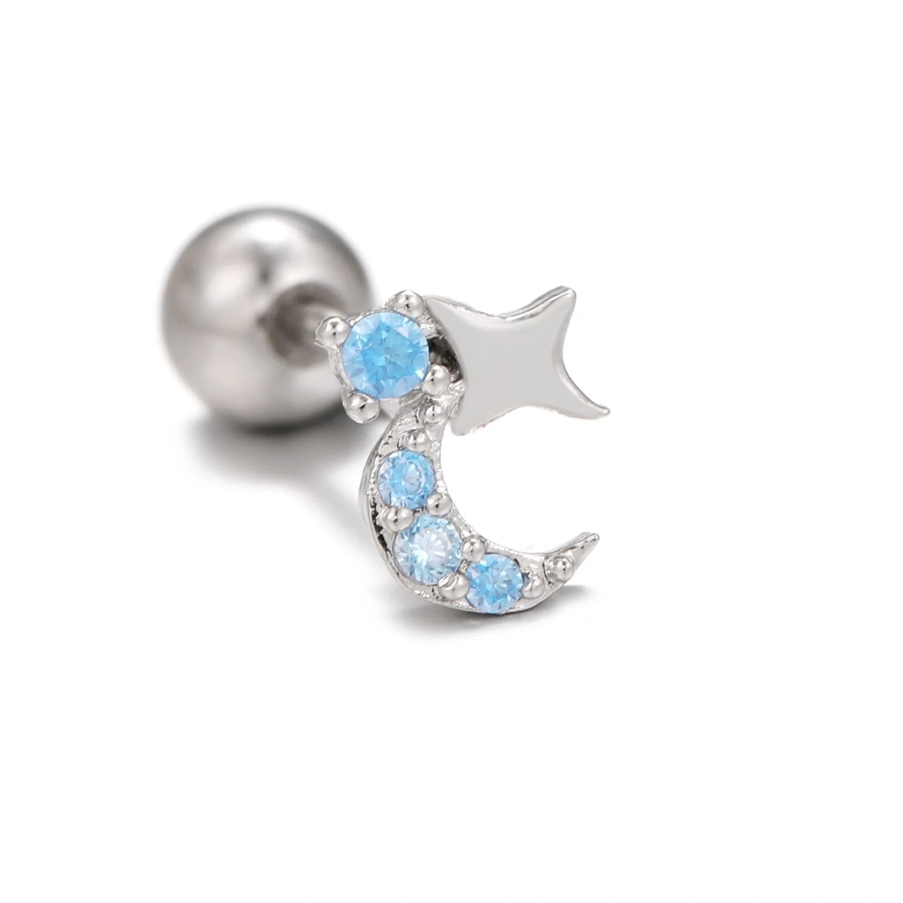 Star and Moon Cubic Zirconia Stainless Steel Cartilage Earring in gold and white K