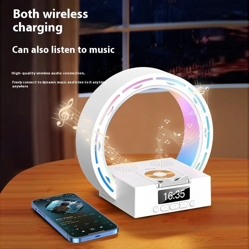 4-in-1 Wireless Bluetooth Speaker with charging pad and alarm clock in white and black
