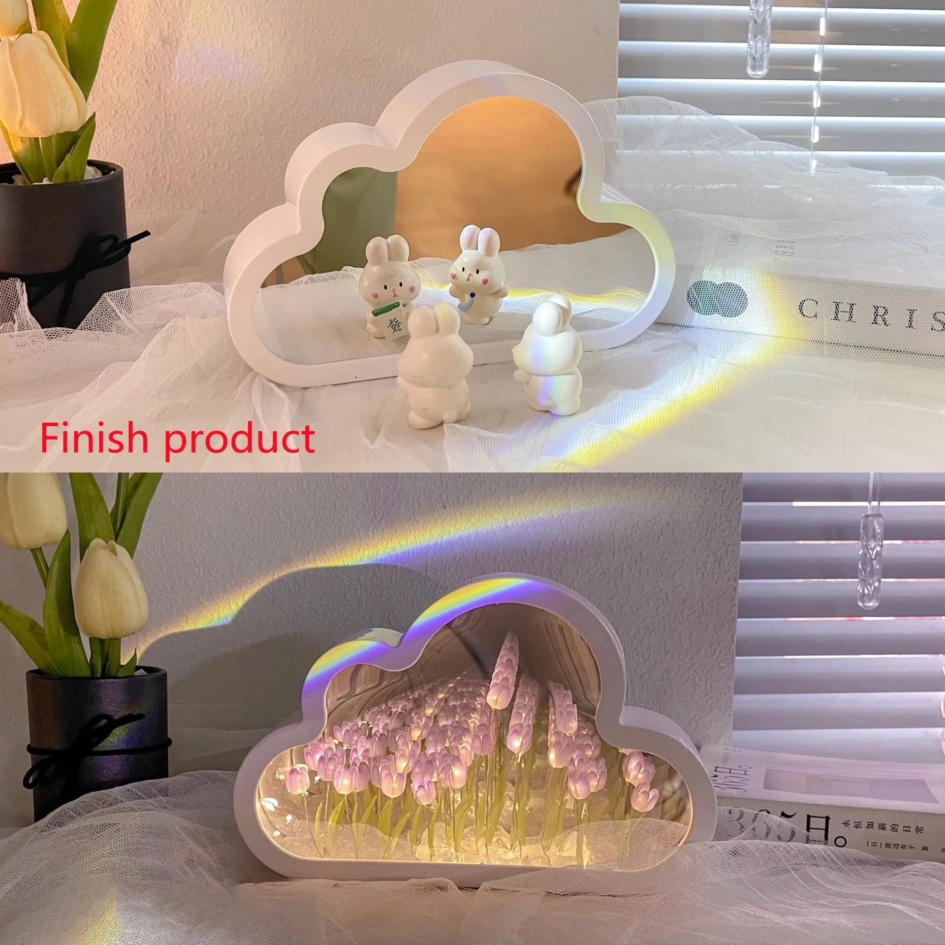 DIY Tulip Night Lamp in pink, purple, and blue with LED lights and decorative mirror feature