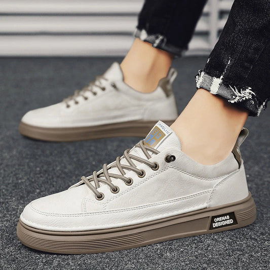 Stylish slip-on sneakers for men in beige, white, and black colors with a unique design and comfortable fit