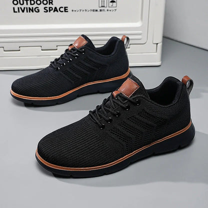 Men's black lace-up mesh sneakers with round toe design