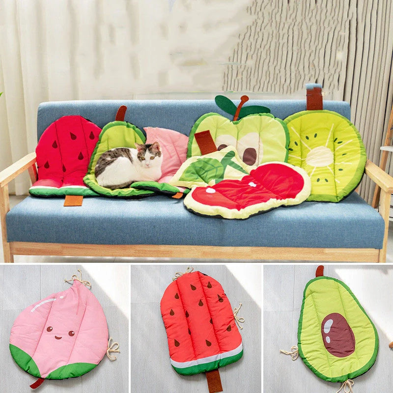 Ice Silk Pet Cooling Mat in various fruit designs for summer comfort