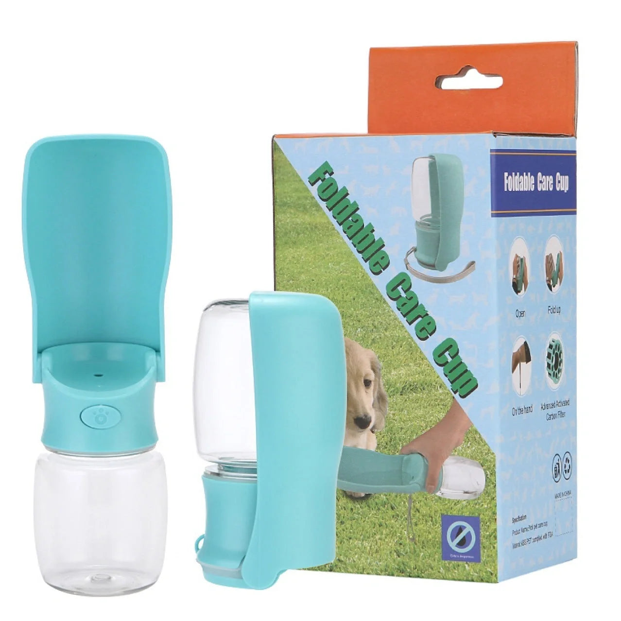Foldable dog water bottle in blue, white, and pink, perfect for outdoor adventures with your pet.