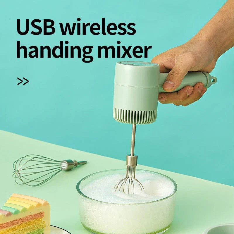 Rechargeable cordless electric hand mixer with 3-speed motor, whisk and egg beater attachments, and ergonomic design for easy baking and mixing