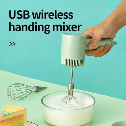 Rechargeable cordless electric hand mixer with 3-speed motor, whisk and egg beater attachments, and ergonomic design for easy baking and mixing