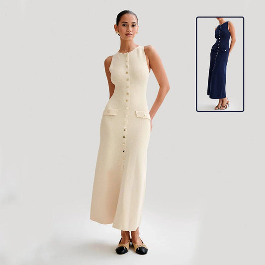 Sophisticated knit sleeveless dress with a slim, figure-flattering silhouette in apricot and blue colors