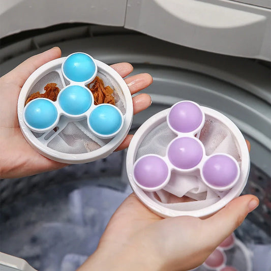 Gyroscopic Washing Machine Filter Pouch in purple, blue, and pink for lint and hair removal