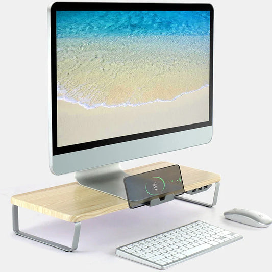 Ergonomic monitor holder riser with USB ports and cell phone holder in dark wood finish
