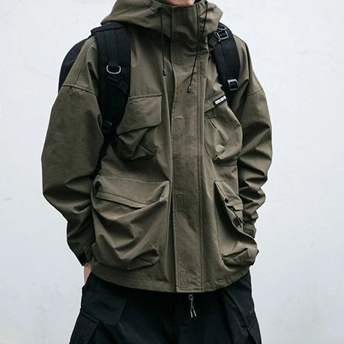 Men's hooded jacket in black, yellow, or green with windproof feature and three-dimensional pockets