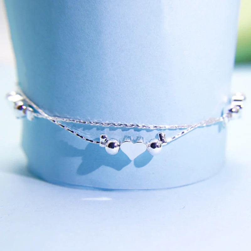 Korean fashion double-layered heart bracelet with light beads in white gold, gold, and rose gold options