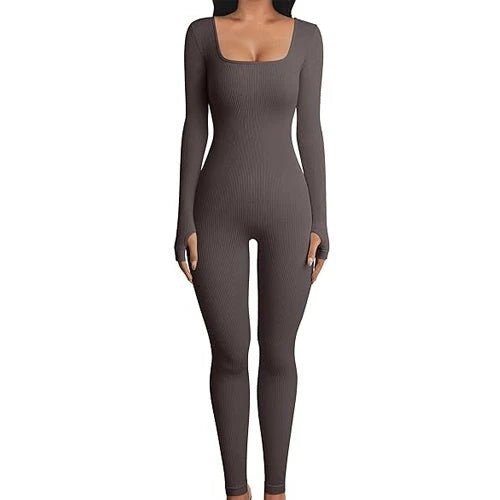 Stylish high-waist yoga jumpsuit with square collar, available in a variety of trendy colors
