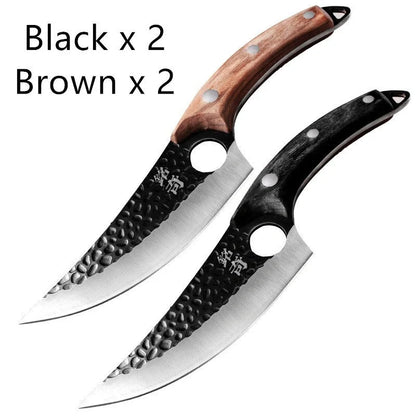 Forged stainless steel boning knife with ergonomic handle and leather sheath