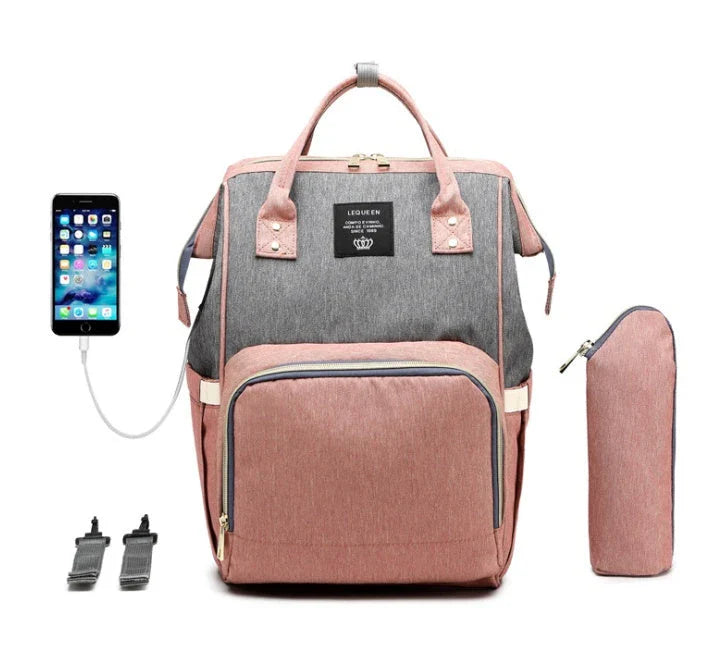 Premium mummy backpack in a range of stylish colours, featuring dedicated compartments for bottles, nappies and personal items.