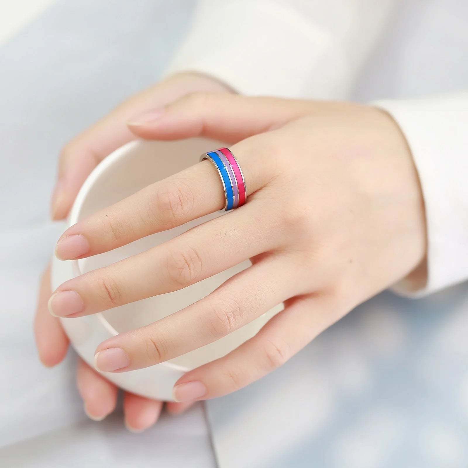 Men's titanium steel rainbow flag ring with vibrant colours, perfect for pride or travel commemoration.