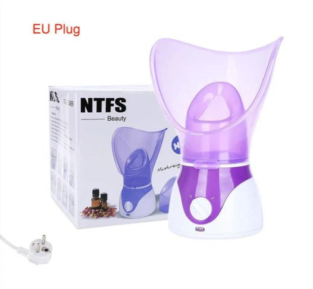 Purple facial steamer with dual conical cones for deep pore cleansing