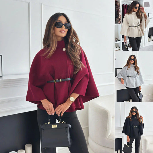 Stylish batwing cloak jacket for women in various colors, including black, apricot, gray, and wine red.