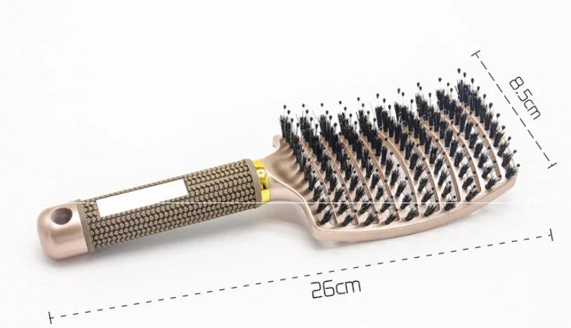 A premium hair brush with a sleek design, featuring soft bristles and a rounded massage function for healthy, detangled hair