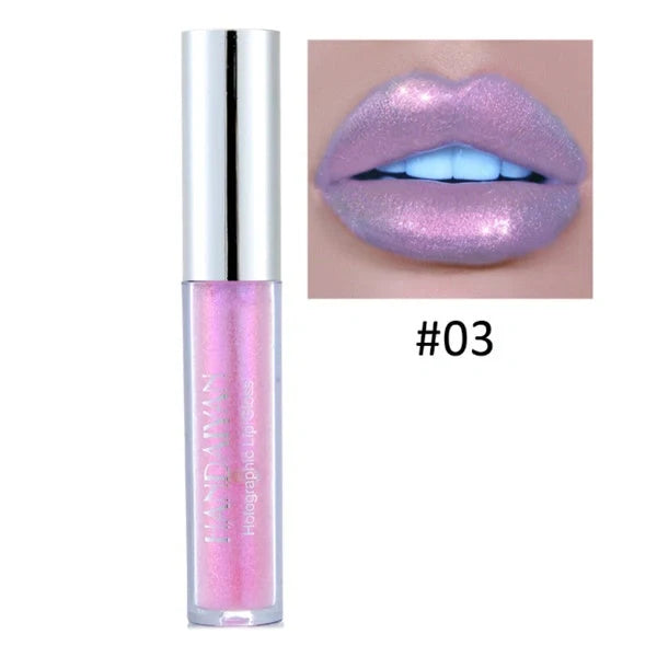 Polarized lip gloss in six vibrant shades, showcasing high-shine finish and vitamin E enrichment