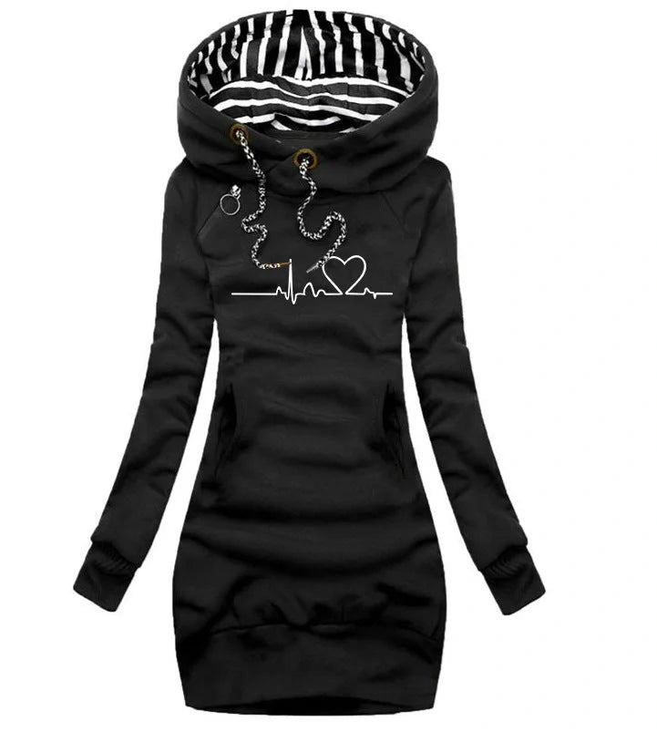 Women's heart print hoodie with geometric patterns and pockets
