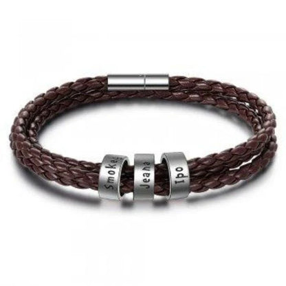 Personalized Leather Bracelet with Engraved Name Charm in Black and Brown Colors