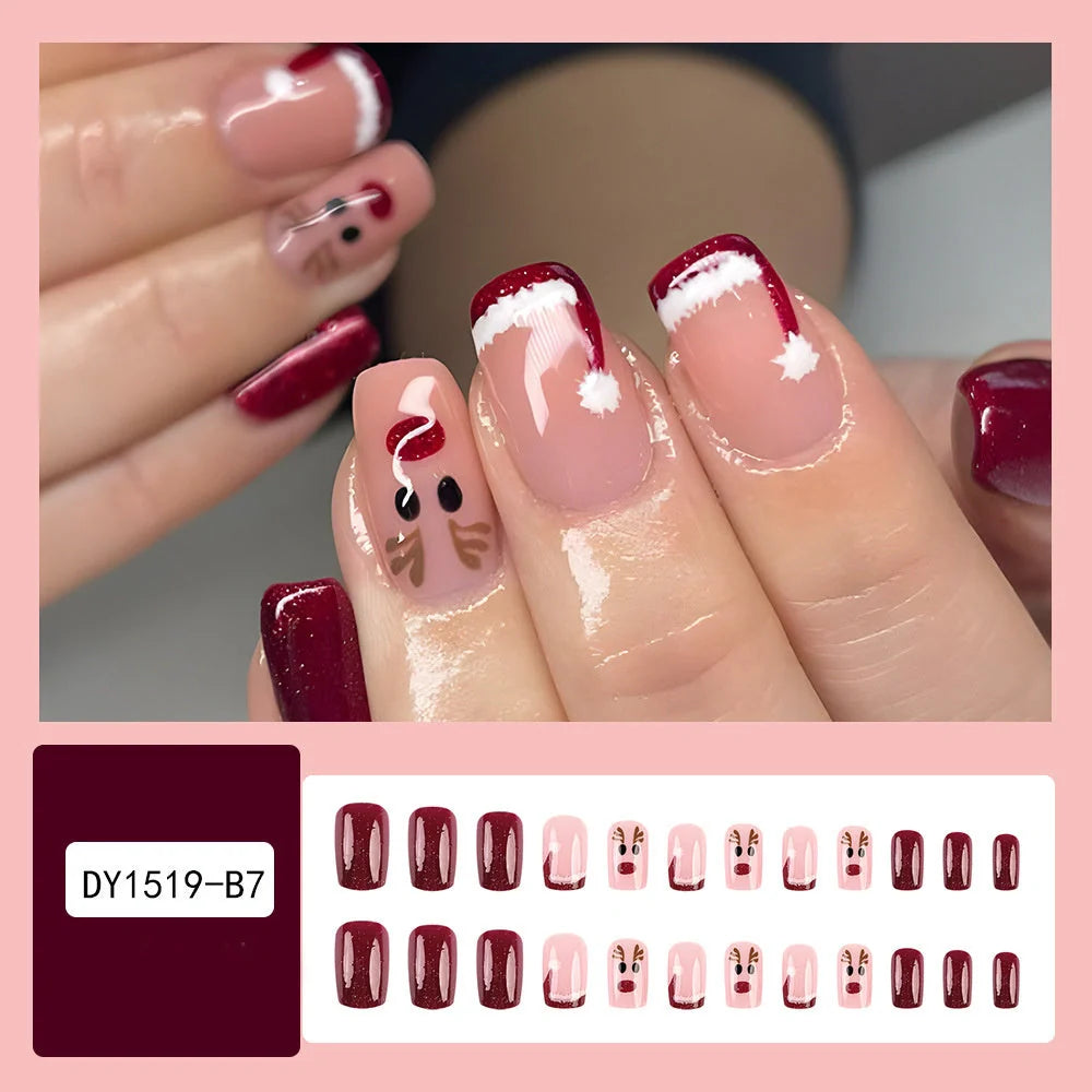 24pcs Christmas false nails with hat striped snowflake design for holiday parties