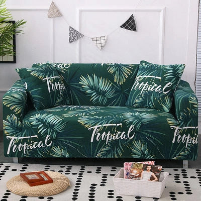 Stretchable geometric print sofa cover on a three-seater sofa