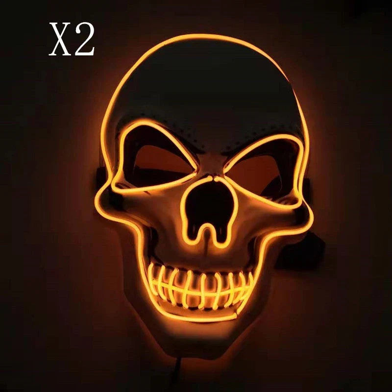 A glowing skull-shaped Halloween mask with adjustable straps and three lighting modes: constant, slow flash, and rapid pulse